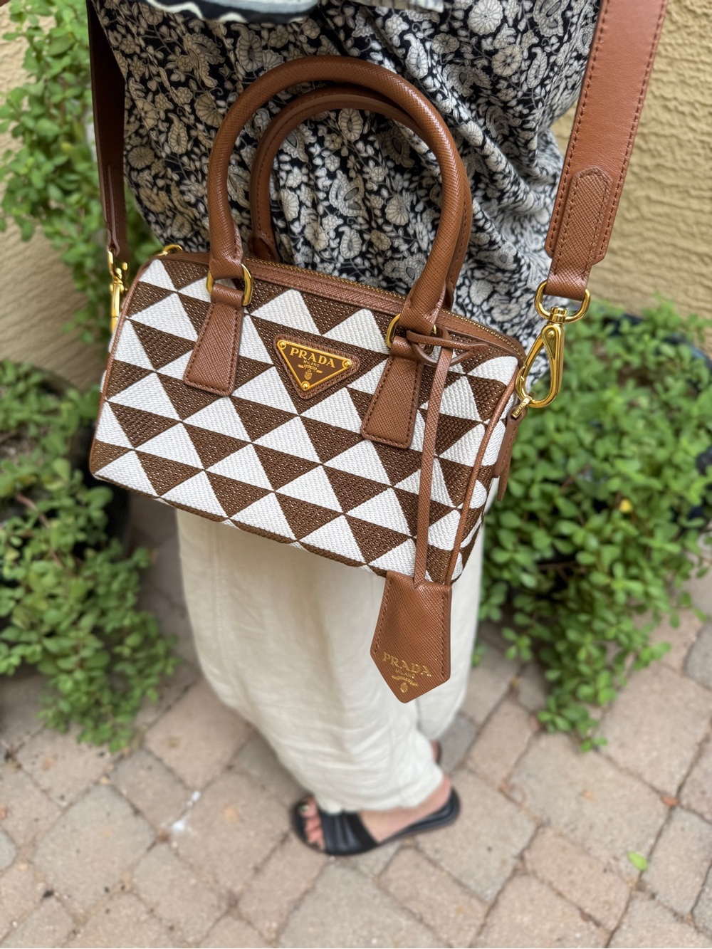 Prada Symbole Embroidered Fabric Top Handle Bag